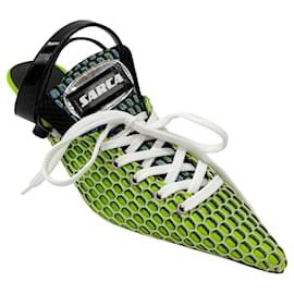 Autre Marque-Ancuta Sarca Lime Green A2 Slingback Lace-up Upcycled Textile Kitten Heels-Green