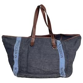 JW Anderson-J.W.Anderson Leather-Trimmed Logo-Printed Tote in Blue Canvas-Blue