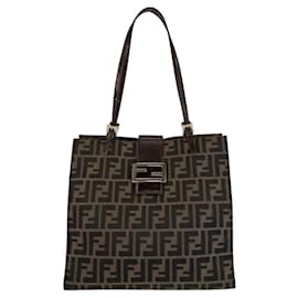Fendi-Fendi Zucca Canvas Leather Tote Shoulder Bag-Brown
