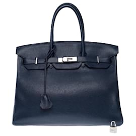 Hermès-HERMES Birkin 35 Bag in Navy Blue Leather - 102488-Navy blue