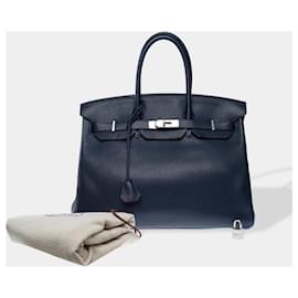Hermès-HERMES Birkin 35 Bag in Navy Blue Leather - 102488-Navy blue