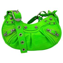 Balenciaga-Balenciaga Acid Green Croc Embossed Leather Le Cagole XS Shoulder Bag-Green