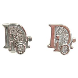 Brincos de argola prateados com logotipo Christian Dior em strass Prata