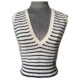 Chanel Gestreiftes Cashmere Crop Top Creme Navy Blau Roh Marineblau
