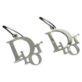 Christian Dior Logo Spellout Silver Hoop Earrings Silvery