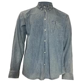 Balenciaga-Balenciaga Logo Print Button Down Long Fit Shirt in Blue Denim-Blue,Light blue