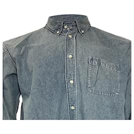 Balenciaga-Balenciaga Logo Print Button Down Long Fit Shirt in Blue Denim-Blue,Light blue