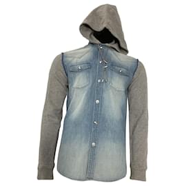 Balmain-Balmain Hooded Jacket in Blue Denim and Grey Cotton-Blue,Light blue
