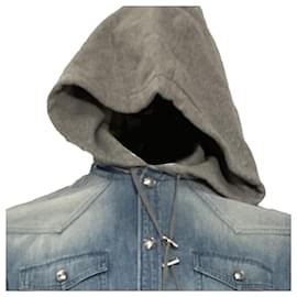 Balmain-Balmain Hooded Jacket in Blue Denim and Grey Cotton-Blue,Light blue