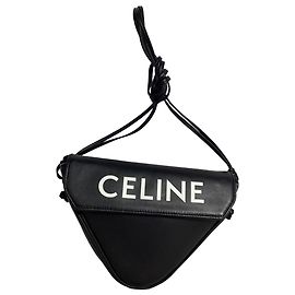 Céline Celine Logo Print Triangle  Messenger Bag in Black Leather  Black