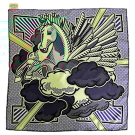 Hermès-HERMES PEGASE POP 45 SILK SCARF GREEN AND BLUE, DESIGN BY DIMITRI RYBALTCHENKO-Blue,Green