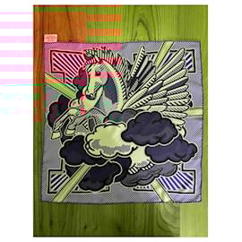 Hermès-HERMES PEGASE POP 45 SILK SCARF GREEN AND BLUE, DESIGN BY DIMITRI RYBALTCHENKO-Blue,Green