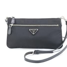 Prada-Prada Tessuto Nylon Triangle Saffiano Leather Shoulder Bag-Black