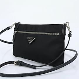 Prada-Prada Tessuto Nylon Triangle Saffiano Leather Shoulder Bag-Black