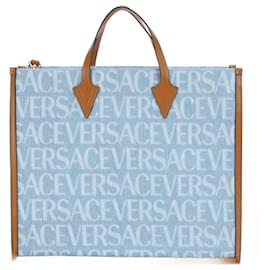 Versace-Versace Allover Denim Leather Shoulder Bag-Light blue