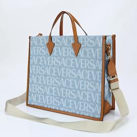 Versace-Versace Allover Denim Leather Shoulder Bag-Light blue