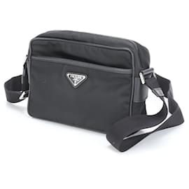 Prada-Prada Tessuto Nylon Saffiano Triangle Leather Shoulder Bag-Black
