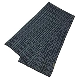 Fendi-Fendi Zucca FF Scarf Stole in Black and Gray-Brown,Black