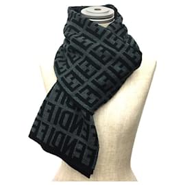 Fendi-Fendi Zucca FF Scarf Stole in Black and Gray-Brown,Black