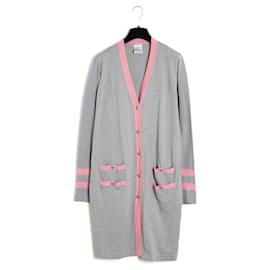 Chanel-Chanel 2008 Long Vest FR44 Cotton Cashmere Grey Pink Long Cardigan UK16 US14-Grey