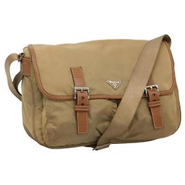 PRADA Borsa a Spalla Nylon Beige Marrone Argento Auth 112279 Marrone Argento Beige