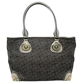 Céline-CELINE Horse Carriage Tote Bag PVC Leather Black Silver Auth hk2070-Black,Silvery