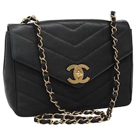 Chanel-Sac à épaule en chaîne CHANEL en cuir caviar noir avec CC doré Auth PP181-Noir,Doré