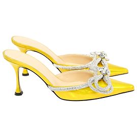 Mach & Mach Double Bow 85mm Mules in Metallic Yellow Patent Leather  Yellow