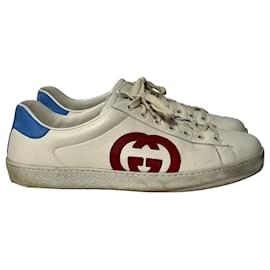 Gucci-Tênis Gucci Ace Interlocking G em couro de bezerro branco-Branco