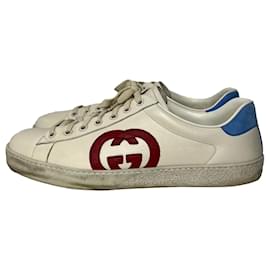 Gucci-Tênis Gucci Ace Interlocking G em couro de bezerro branco-Branco