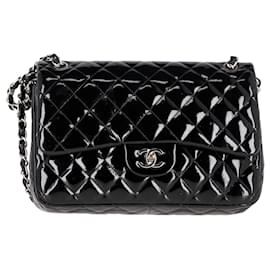 Chanel-Chanel Timeless/Classique Jumbo Flap Shoulder Bag in Black Patent Leather-Black