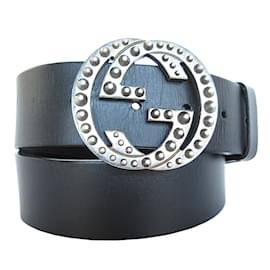 Gucci-Cinto de couro e metal Gucci Interlocking G-Preto,Prata
