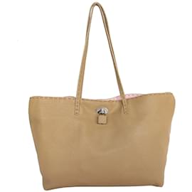 Fendi-Fendi Beige Leather Shoulder Tote Bag-Beige