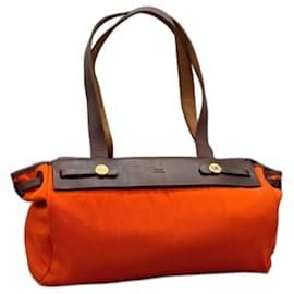 Hermès-Son sac en cuir toile orange-Marron,Orange