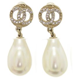 Brincos de pedra plástica pérola falsa dourada Chanel Coco Mark Branco Dourado
