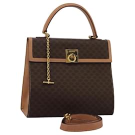 Céline-CELINE Macadam Canvas Hand Bag PVC Leather 2way Brown Gold Auth 104480-Brown,Golden