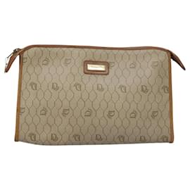 Christian Dior-Christian Dior Honeycomb Canvas Clutch Bag PVC Leather Beige Auth ti2731-Beige