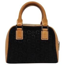 Céline-CELINE C Macadam Canvas Hand Bag Suede Leather Black Brown Silver Auth mr1016-Brown,Black,Silvery