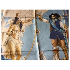 Hermès-Very rare HERMES scarf titled "Le Canada - Samuel de Champlain" - 90 x 90 cm - 100% silk twill - Designer Oliver Kermit - sold in its box, original tissue paper and ribbon, and small booklet - EXTREMELY RARE AND SOUGHT AFTER!-Blue