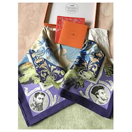 Hermès-Very rare HERMES scarf titled "Le Canada - Samuel de Champlain" - 90 x 90 cm - 100% silk twill - Designer Oliver Kermit - sold in its box, original tissue paper and ribbon, and small booklet - EXTREMELY RARE AND SOUGHT AFTER!-Blue