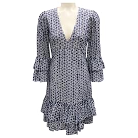 Autre Marque-Michael Kors Collection Maritime / Optic White Gingham Floral Eyelet Tiered Dress-Blue