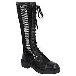 Prada-Prada Mesh and Brushed Leather Boots-Black