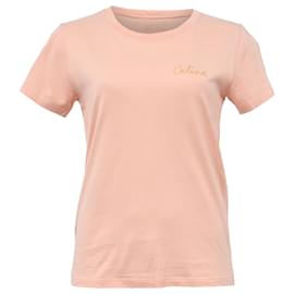 Céline-Celine Embroidered Logo T-Shirt in Salmon Pink Cotton-Pink