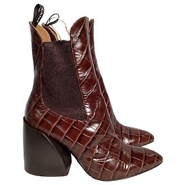 Botas de tornozelo em couro marrom com estampa de crocodilo Chloé Wave Marrom Vermelho