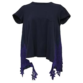 Sacai-Sacai Draped Lace Inserts T-shirt In Navy Cotton-Blue,Navy blue