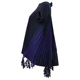 Sacai-Sacai Draped Lace Inserts T-shirt In Navy Cotton-Blue,Navy blue