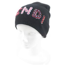 Fendi-Gorro de tricô de lã e caxemira com patch de logo Fendi M/L-Preto