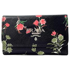 Prada-Prada Saffiano Leather Flower Key Case-Black