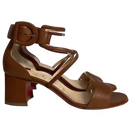 Sandálias de tornozelo em couro marrom Christian Louboutin Marrom Vermelho
