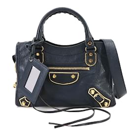 Balenciaga-Balenciaga Classic Metallic Edge Mini City Shoulder Bag-Navy blue